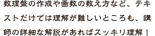 数理盤の作成や画数の数え方など、テキストだけでは理解が難しいところも、講師の詳細な解説があればスッキリ理解！