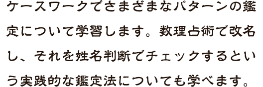 ケースワークでさまざまなパターンの鑑定について学習します。数理占術で改名し、それを姓名判断でチェックするという実践的な鑑定法についても学べます。