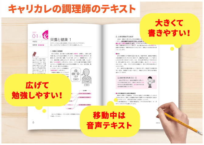 キャリカレの調理師のテキスト「広げて勉強しやすい！」「大きくて書きやすい！」