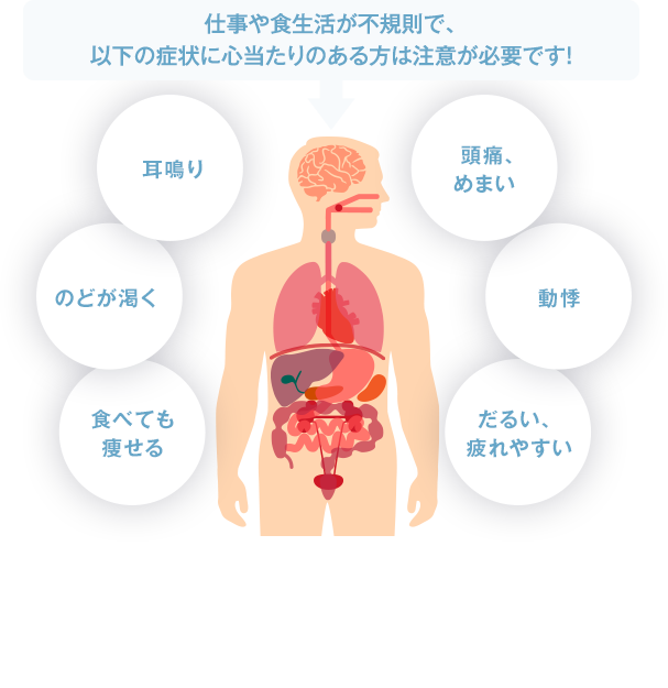 仕事や食生活が不規則で、以下の症状に心当たりのある方は注意が必要です!