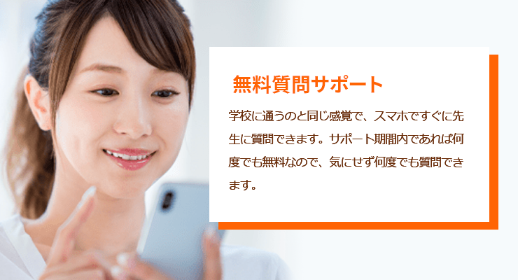 無料質問サポート　学校に通うのと同じ感覚で、スマホですぐに先生に質問できます。質問は無料なので、気にせず何度でも質問できます。
                            