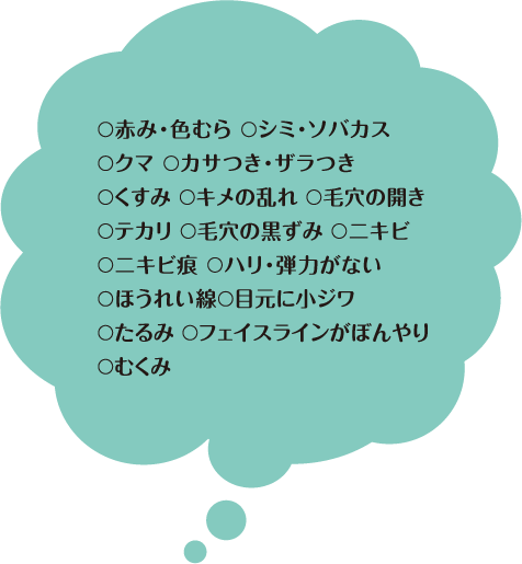 ○赤み・色むら ○シミ・ソバカス ○クマ ○カサつき・ザラつき○くすみ ○キメの乱れ ○毛穴の開き ○テカリ ○毛穴の黒ずみ○ニキビ ○ニキビ痕 ○ハリ・弾力がない ○ほうれい線○目元に小ジワ ○たるみ ○フェイスラインがぼんやり ○むくみ