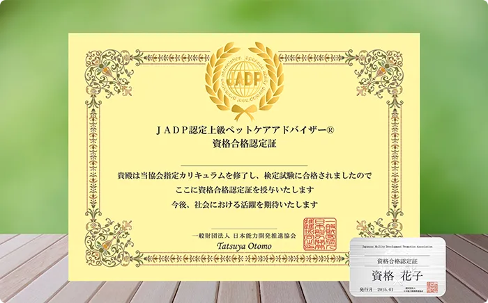 上級ペットケアアドバイザー講座の資格証画像