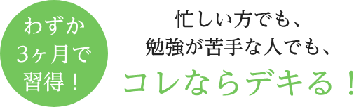 わずか3ヶ月で習得！忙しい方でも、勉強が苦手な人でも、コレならデキる！