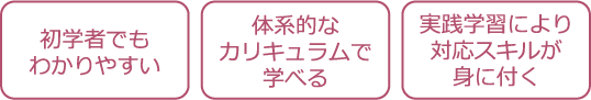 初学者でもわかりやすい、体系的なカリキュラムで学べる、実践学習により対応スキルが身に付く