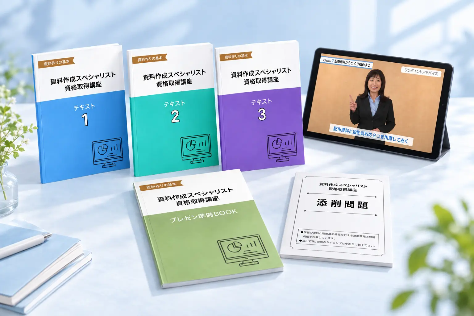 教材一式。テキスト3冊、プレゼン準備BOOK、添削問題と映像講義の画面
