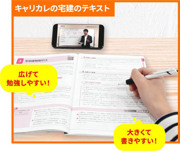 キャリカレの宅建のテキスト「広げて勉強しやすい！」「大きくて書きやすい！」