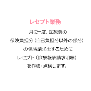 レセプト作成業務 患者負担分以外の医療費を保険者（市町村や健康保険組合など）に請求するために提出する明細書です。業務の中でも専門性が高く、正確性が求められます