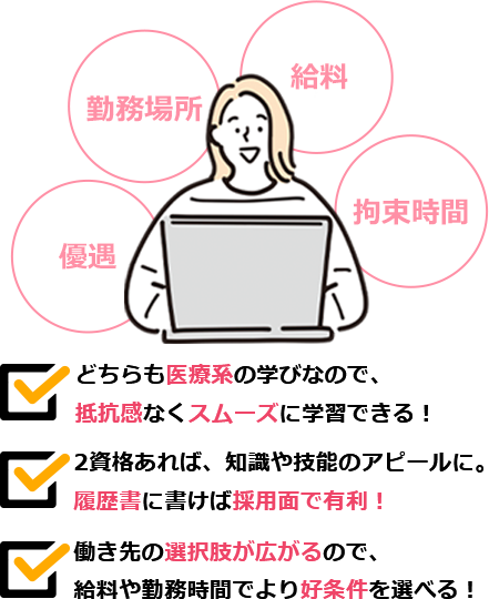 優遇 勤務場所 給料 拘束時間 どちらも医療系の学びなので、抵抗感なくスムーズに学習できる！ 2資格あれば、知識や技能のアピールに。履歴書に書けば採用面で有利！ 働き先の選択肢が広がるので、給料や勤務時間でより好条件が選べる！