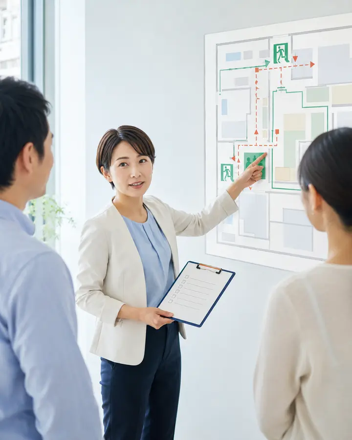 避難経路図を指しながら周囲へ説明する女性