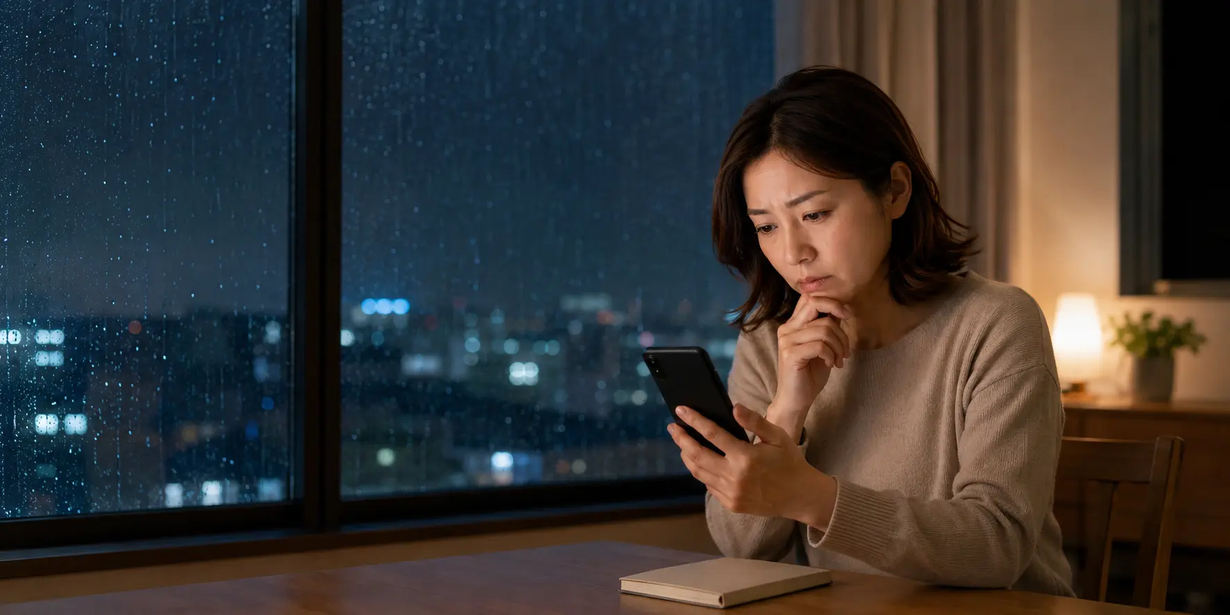 強い雨が続く夜に、スマートフォンで情報を確認する女性