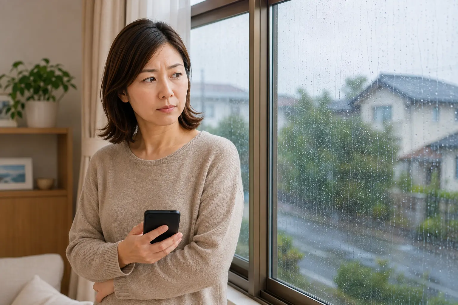 雨の情報を見ながら、まだ大丈夫か迷う女性