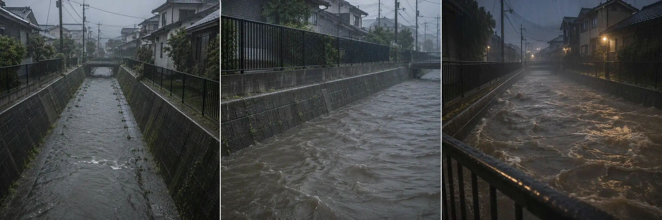雨が強まり、時間とともに川の水位が上昇する様子