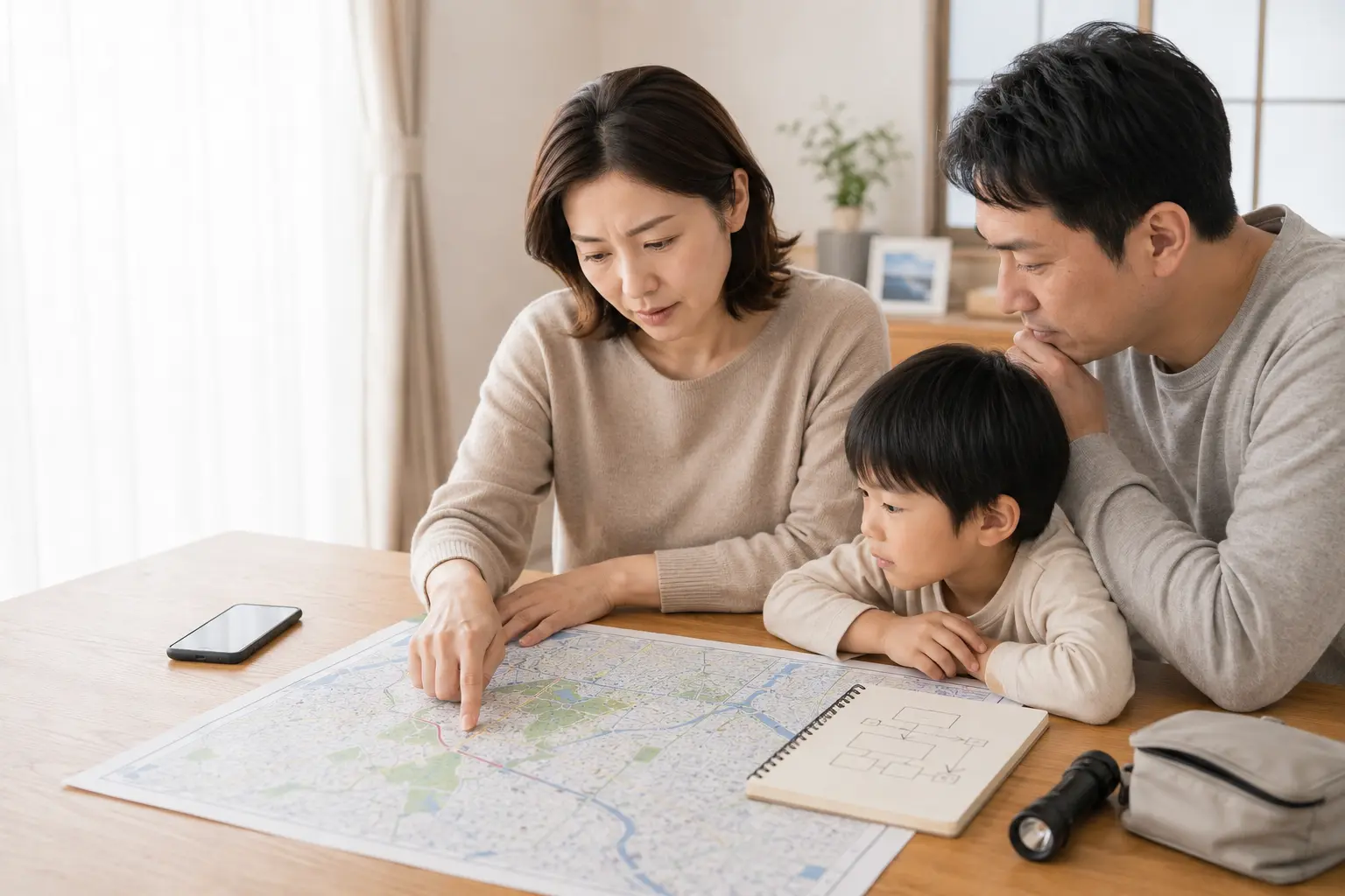 家族と地図を見ながら避難について話し合う女性