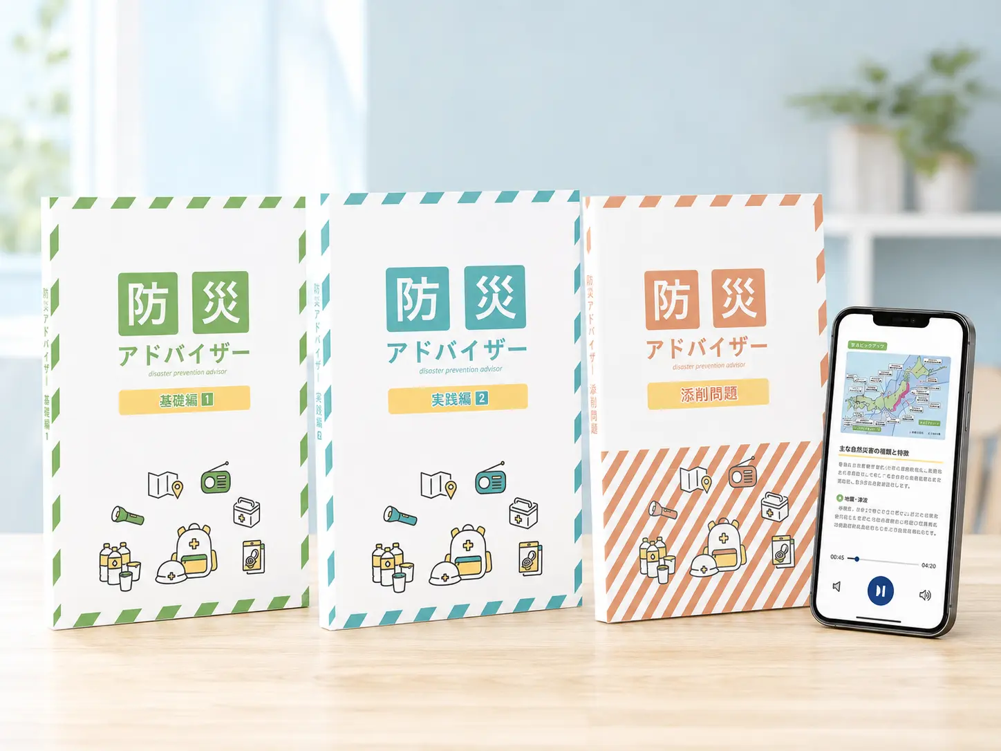 防災アドバイザー講座の基礎編・実践編・添削問題の教材3冊と縦型スマートフォン
