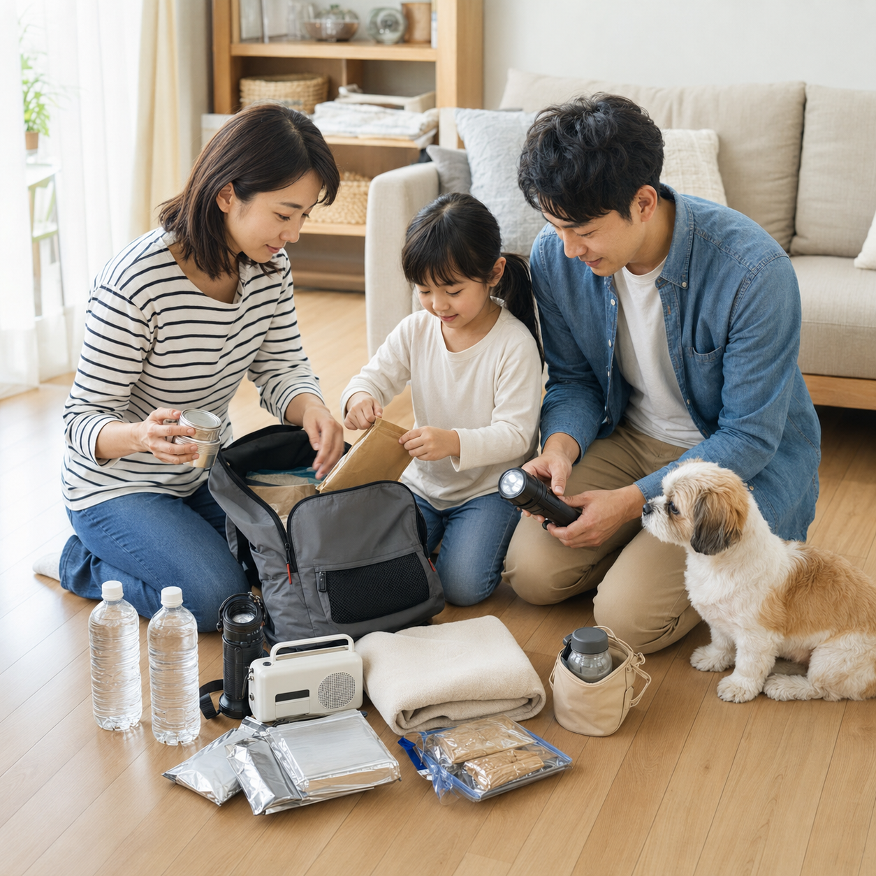 家庭で防災用品を確認する様子