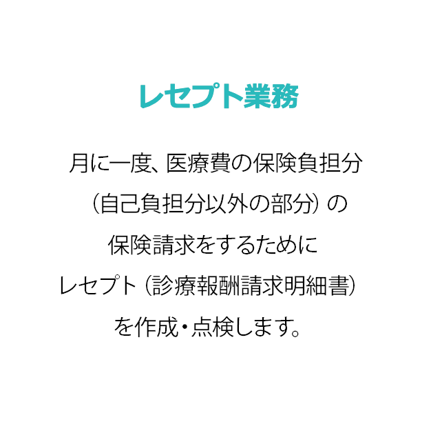 診療報酬明細書（レセプト）の作成 医療費の患者負担3割に対して、残り7割を保険者（市町村など）に請求するために必要な「診療報酬明細（レセプト）」を作成します。