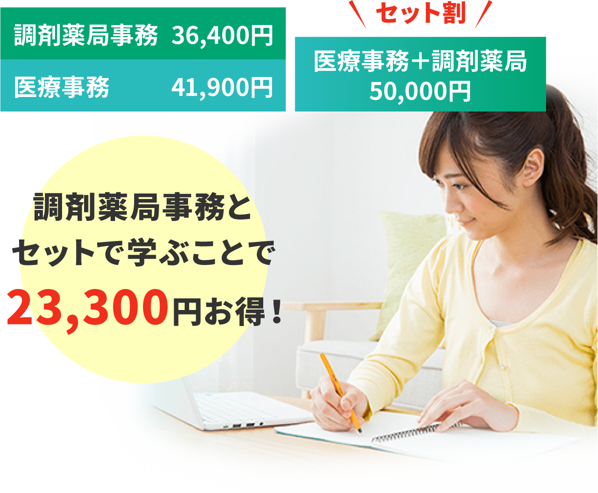 調剤薬局事務	36,400円 医療事務 41,900円 セット割で医療事務＋調剤薬局36,400円 調剤薬局事務とセットで学ぶことで23,300円お得！