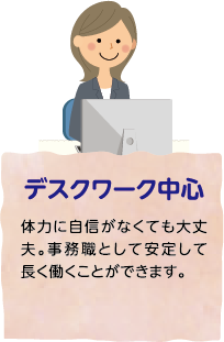 デスクワーク中心 体力に自信がなくても大丈夫。事務職として安定して長く働くことができます。