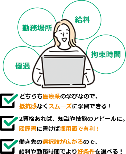 優遇 勤務場所 給料 拘束時間 どちらも医療系の学びなので、抵抗感なくスムーズに学習できる！ 2資格あれば、知識や技能のアピールに。履歴書に書けば採用面で有利！ 働き先の選択肢が広がるので、給料や勤務時間でより好条件が選べる！