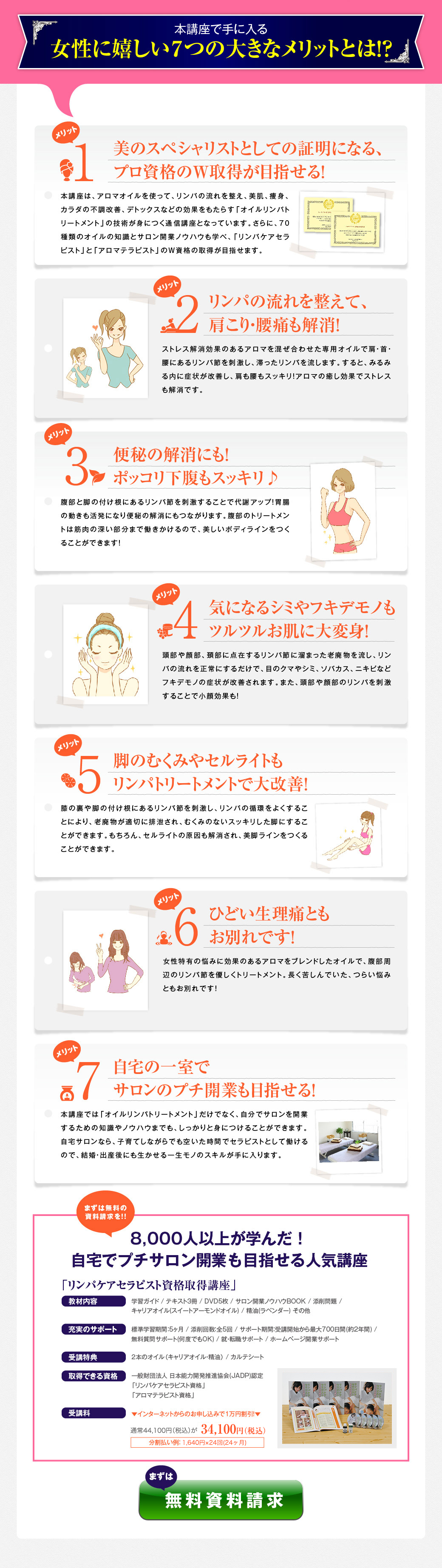 本講座で手に入る　女性に嬉しい７つの大きなメリットとは！？　　メリット1美のスペシャリストとしての証明になる、プロ資格のＷ取得が目指せる！　　本講座は、アロマオイルを使って、リンパの流れを整え、美肌、痩身、カラダの不調改善、デトックスなどの効果をもたらす「オイルリンパトリートメント」の技術が身につく通信講座となっています。さらに、70種類のオイルの知識とサロン開業ノウハウも学べ、「リンパケアセラピスト」と「アロマテラピスト」のＷ資格の取得が目指せます。　　メリット2リンパの流れを整えて、肩こり・腰痛も解消！　ストレス解消効果のあるアロマを混ぜ合わせた専用オイルで肩・首・腰にあるリンパ節を刺激し、滞ったリンパを流します。すると、みるみる内に症状が改善し、肩も腰もスッキリ！アロマの癒し効果でストレスも解消です。　　メリット3便秘の解消にも！ポッコリ下腹もスッキリ♪　腹部と脚の付け根にあるリンパ節を刺激することで代謝アップ！胃腸の動きも活発になり便秘の解消にもつながります。腹部のトリートメントは筋肉の深い部分まで働きかけるので、美しいボディラインをつくることができます！　　メリット4気になるシミやフキデモノもツルツルお肌に大変身！　頭部や顔部、頚部に点在するリンパ節に溜まった老廃物を流し、リンパの流れを正常にするだけで、目のクマやシミ、ソバカス、ニキビなどフキデモノの症状が改善されます。また、頭部や顔部のリンパを刺激することで小顔効果も！　　メリット5脚のむくみやセルライトもリンパトリートメントで大改善！　　膝の裏や脚の付け根にあるリンパ節を刺激し、リンパの循環をよくすることにより、老廃物が適切に排泄され、むくみのないスッキリした脚にすることができます。もちろん、セルライトの原因も解消され、美脚ラインをつくることができます。　　メリット6ひどい生理痛ともお別れです！　女性特有の悩みに効果のあるアロマをブレンドしたオイルで、腹部周辺のリンパ節を優しくトリートメント。長く苦しんでいた、つらい悩みともお別れです！　　メリット7自宅の一室でサロンのプチ開業も目指せる！　本講座では「オイルリンパトリートメント」だけでなく、自分でサロンを開業するための知識やノウハウまでも、しっかりと身につけることができます。自宅サロンなら、子育てしながらでも空いた時間でセラピストとして働けるので、結婚・出産後にも生かせる一生モノのスキルが手に入ります。　　　まずは無料の資料請求を!!　「リンパケアセラピスト資格取得講座」　8,000人以上が学んだ！自宅でプチサロン開業も目指せる人気講座　　教材内容　学習ガイド / テキスト3冊 / DVD5枚 / サロン開業ノウハウBOOK / 添削問題 / キャリアオイル(スイートアーモンドオイル) / 精油(ラベンダー) その他　充実のサポート　標準学習期間：5ヶ月 / 添削回数：全5回 / サポート期間：受講開始から最大700日間(約2年間) / 無料質問サポート(何度でもOK) / 就・転職サポート / ホームページ開業サポート　　受講特典　2本のオイル(キャリアオイル・精油) / カルテシート　　取得できる資格　一般財団法人 日本能力開発推進協会(JADP)認定「リンパケアセラピスト資格」　「アロマテラピスト資格」　受講料　▼インターネットからのお申し込みで1万円割引！▼　通常49,000円（税別）が39,000円（税別）　分割払い例：2,030円×24回(24ヶ月)　　まずは無料資料請求。