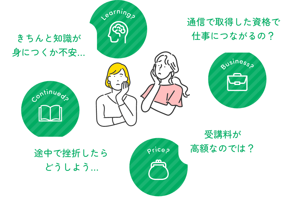 きちんと知識が身につくか不安… 通信で取得した資格で仕事につながるの? 途中で挫折したらどうしよう… 受講料が高額なのでは?