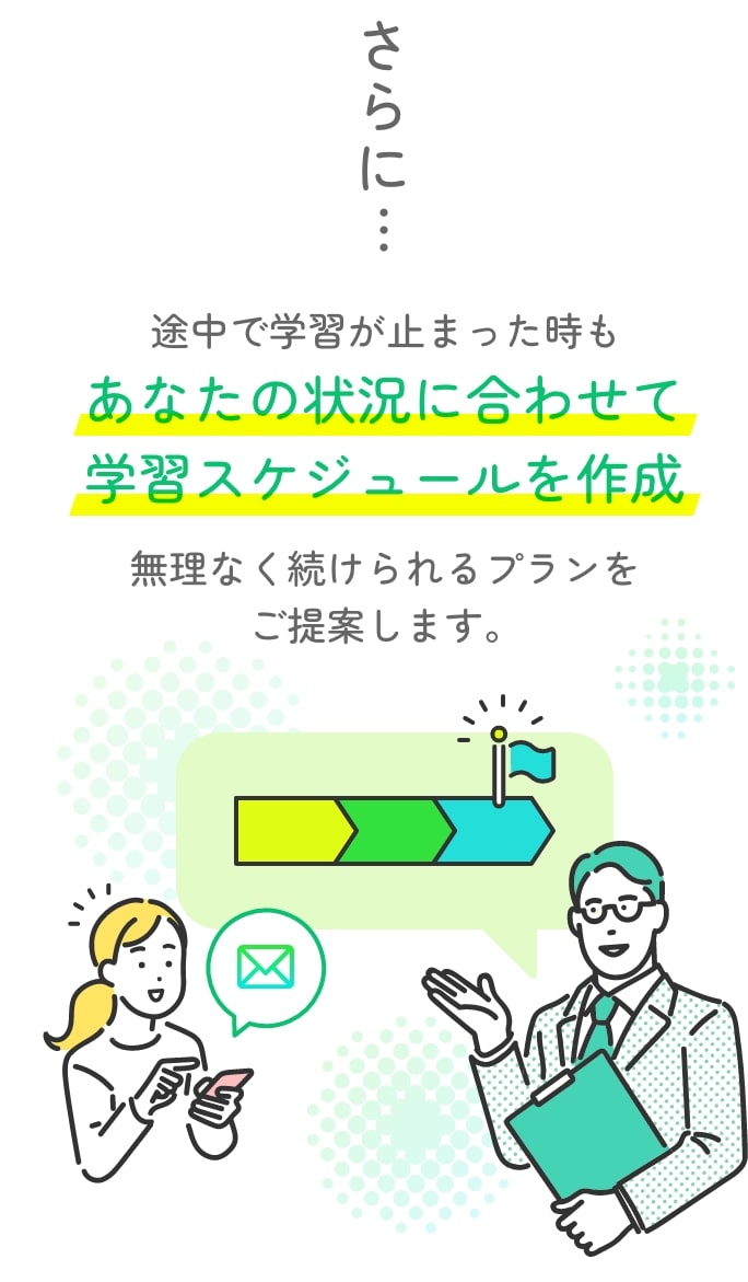 さらに、途中で学習が止まった時もあなたの状況に合わせて学習スケジュールを作成 無理なく続けられるプランをご提案します。