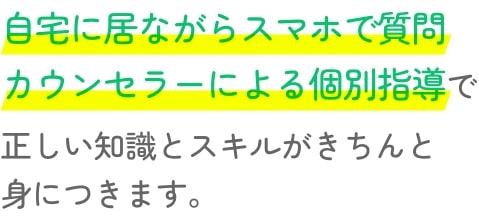 自宅に居ながらスマホで質問カウンセラーによる個別指導で正しい知識とスキルがきちんと身につきます。