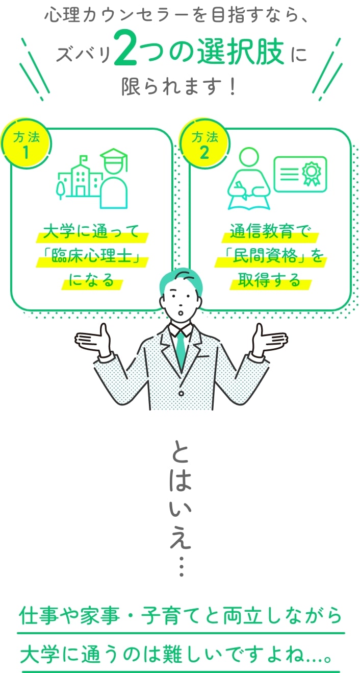 心理カウンセラーを目指すなら、ズバリ2つの選択肢に限られます! とはいえ、仕事や家事・子育てと両立しながら大学に通うのは難しいですよね…。