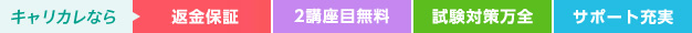 キャリカレなら、返金保証、2講座目無料、試験対策万全、サポート充実