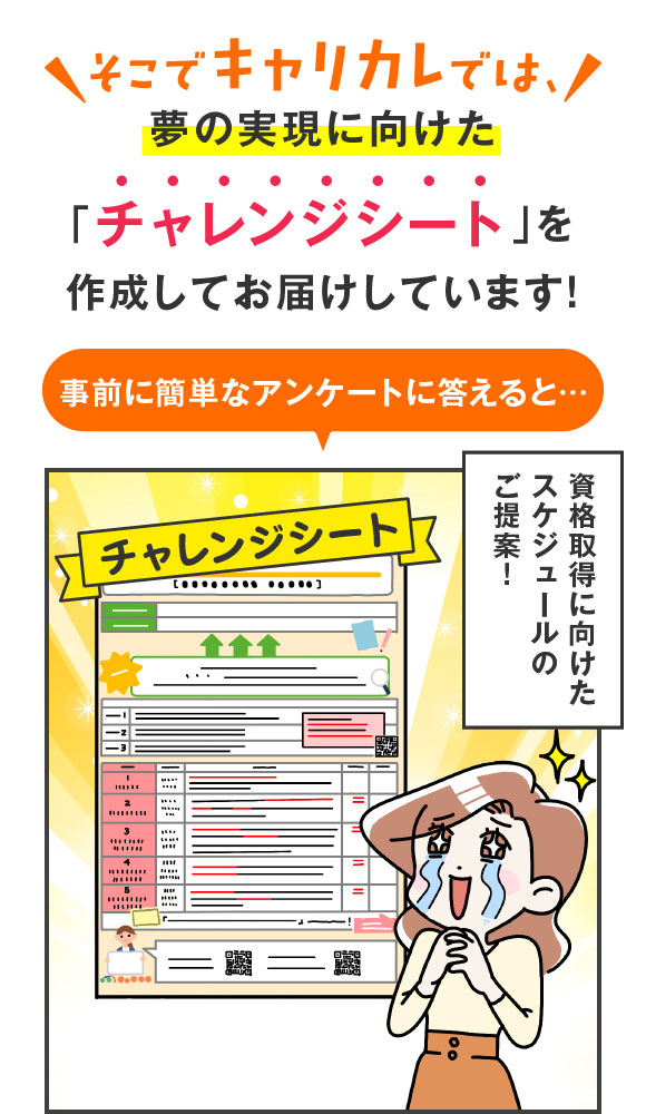 そこでキャリカレでは夢の実現に向けた「チャレンジシート」を作成してお届けしています！