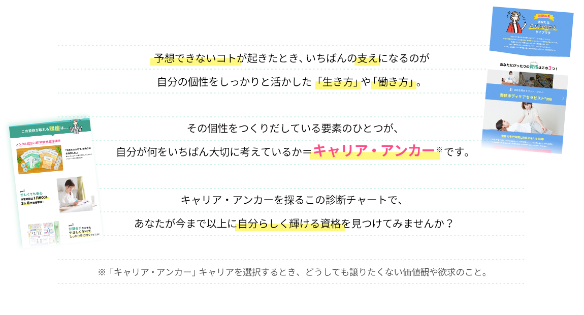 自分の個性をつくりだしている要素の一つが、自分が何をいちばん大切に考えているか＝「キャリア・アンカー」です。この診断チャートで、あなたが今まで以上に自分らしく輝ける資格を見つけてみませんか？