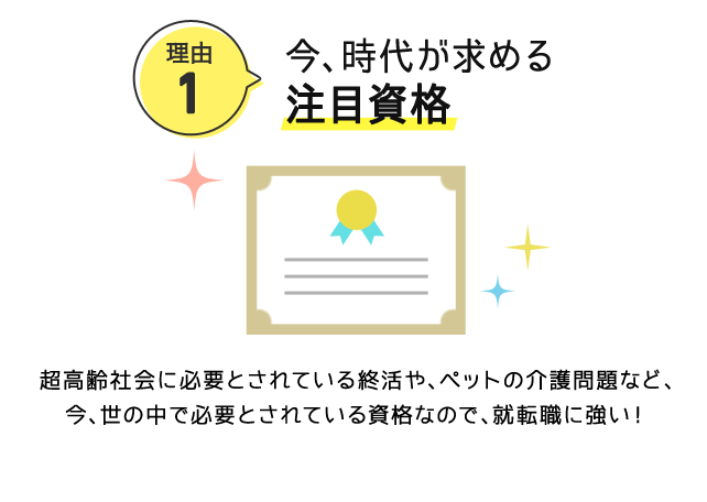 理由1. 今、時代が求める 注目資格 超高齢社会に必要とされている終活や、ペットの介護問題など、今、世の中で必要とされている資格なので、就転職に強い！