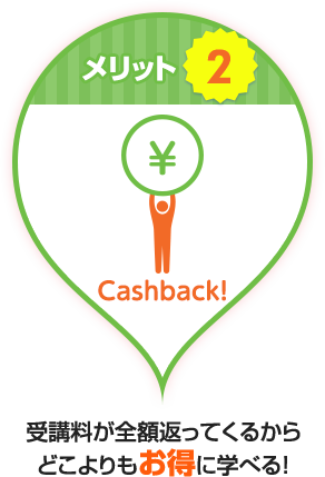 メリット2 Cashback! 受講料が全額返ってくるからどこよりもお得に学べる！ 