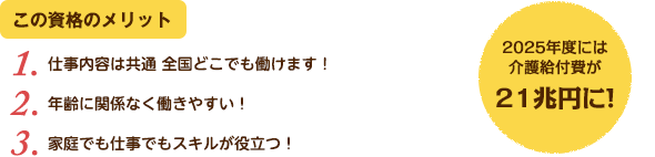 この資格のメリット：（1）仕事内容は共通全国どこでも働けます！（2）年齢に関係なく働きやすい！（3）家庭でも仕事でもスキルが役立つ！