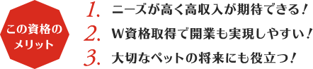 この資格のメリット:1,ニーズが高く高収入が期待できる!2,W資格取得で開業も実現しやすい!3,大切なペットの将来にも役立つ!