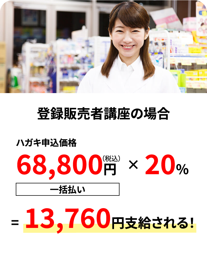 登録販売者講座の場合　ハガキ申込価格68,800円（税込）一括払い×20%=13,760円支給される!