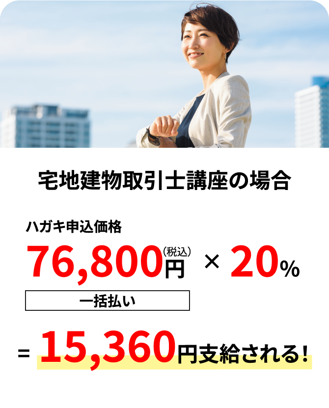 宅地建物取引士講座の場合　ハガキ申込価格76,800円（税込）一括払い×20%=15,360円支給される!