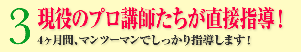 3：現役のプロ講師たちが直接指導！4ヶ月間マンツーマンでしっかり指導します。