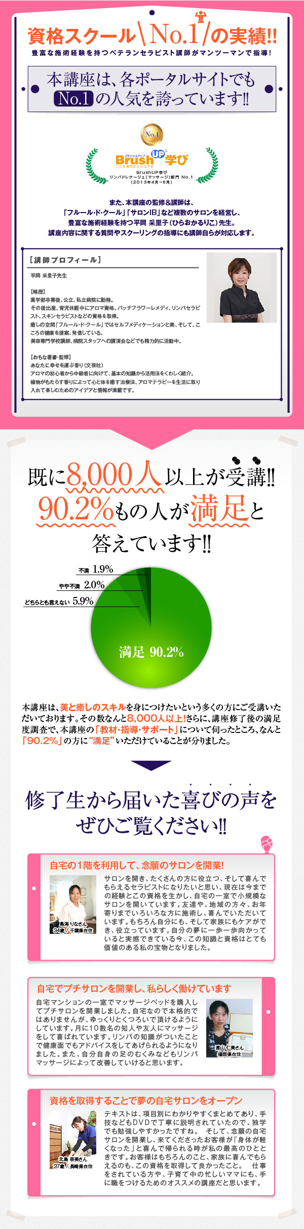 わずか5ヶ月で　プロの施術テクニックが身につくその秘密とは！？　　分かりやすいテキストとDVDで、繰り返し何度も学べる！　　本講座のオリジナルテキストは、施術手順までも写真で詳しく徹底解説。　図解やイラストなど、分かりやすく学べる工夫も満載です。　さらに、DVDには施術の細かい部分まで収録されているので、プロの技術を繰り返し学ぶことができます。　　講座内容に関する疑問は、ベテラン講師がマンツーマンで直接指導！　学習中分からないことが出てきても、質問サポートで解決。　ベテラン講師が何度でも無料であなたの疑問に答えてくれるので、つまずくことなく最後まで続けられます。　　施術・知識・開業の不安がすべてなくなる、スクーリング研修制度も用意！！　わかりやすい教材セットと指導で知識とスキルを身につけても、実践経験がないと不安なもの…。　ご安心ください！キャリカレでは、講師の直接指導であなたの実践力を高める「スクーリング研修」もご用意。あなたのサロン開業という夢を必ず叶えます！　　　まずは無料の資料請求を！！　　「リンパケアセラピスト資格取得講座」　4,000人以上が学んだ！自宅でプチサロン開業も目指せる人気講座　　教材内容　学習ガイド / テキスト3冊 / DVD5枚 / サロン開業ノウハウBOOK / 添削問題 / キャリアオイル(スイートアーモンドオイル) / 精油(ラベンダー) その他　　充実のサポート　標準学習期間：5ヶ月 / 添削回数：全5回 / サポート期間：受講開始から最大700日間(約2年間) / 無料質問サポート(何度でもOK) / 就・転職サポート / ホームページ開業サポート　　受講特典　２本のオイル(キャリアオイル精油) / カルテシート　　取得できる資格　一般財団法人 日本能力開発推進協会(JADP)認定　「リンパケアセラピスト資格」　「アロマテラピスト資格」　　受講料　インターネットからのお申し込みで1万円割引！　通常49,000円（税別)が39,000円（税別）。　分割払い例：2,550円×24回(24ヶ月)　　まずは無料資料請求